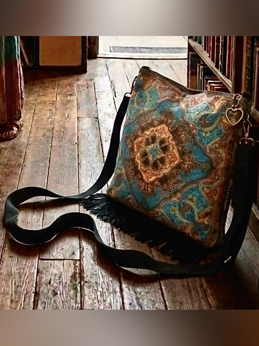 Colorful Patterned Crossbody Bag with Fringe, and Matching Pouch.